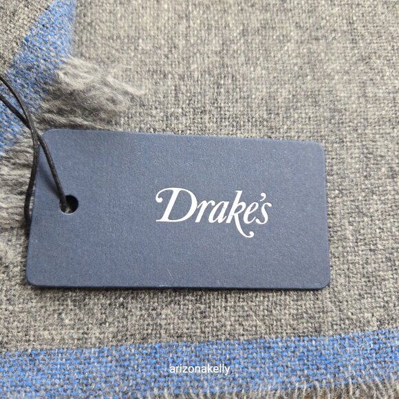 NWT Drake's Wool Cashmere Scarf Grey with Blue Border - Picture 4 of 16